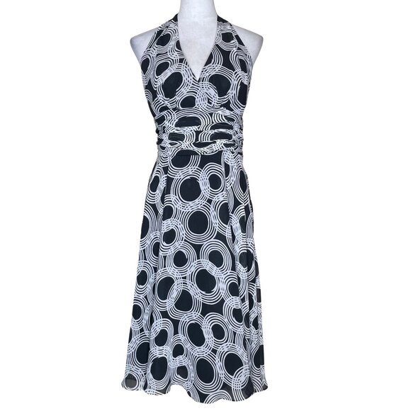 Maggy Boutique Women's Black White Op Art Tie Halter Backless Maxi Dress 14 - Picture 1 of 12
